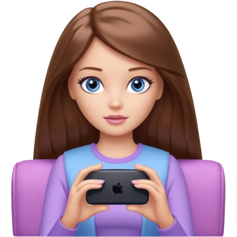 beautiful barbie girl with long brown hair, blue eyes and wearing light purple clothes watching netflix on tv emoji