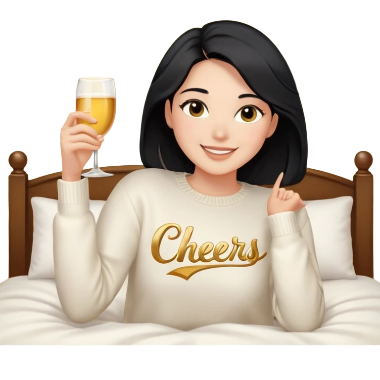 A woman with shoulder-length black hair, light to medium skin tone, full cheeks, and almond-shaped eyes, wearing a white sweater with the word 'cheers' in gold script, lying comfortably on a bed with soft lighting, joyful and radiant expression, no drinks. emoji
