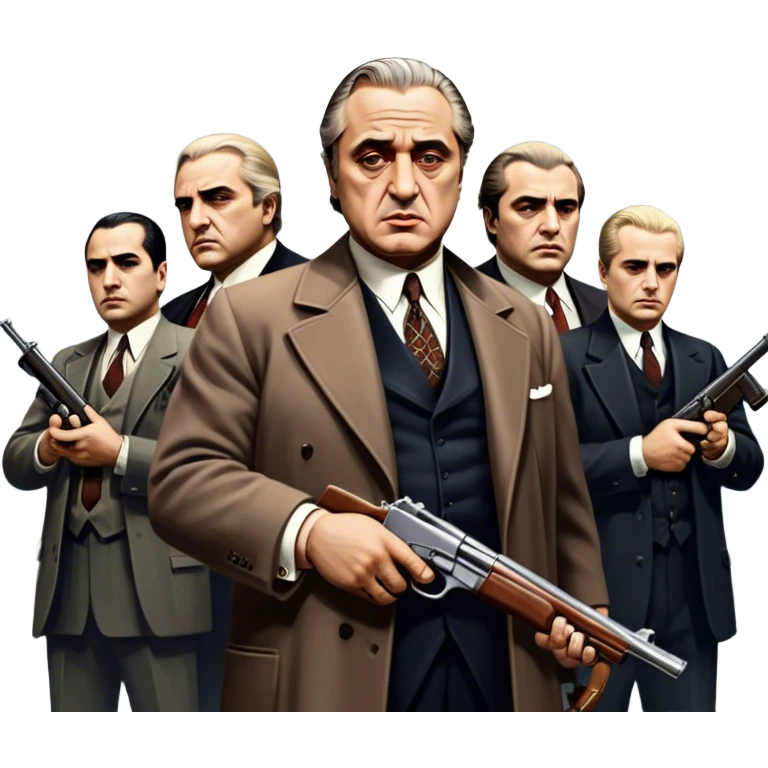 A vintage movie poster-style design featuring Don Vito Corleone surrounded by gangsters with Tommy guns. Include a dark, moody noir atmosphere with skyscrapers of New York in the background. The scene should be tense and mysterious, with a retro cinematic feel. Transparent background. emoji