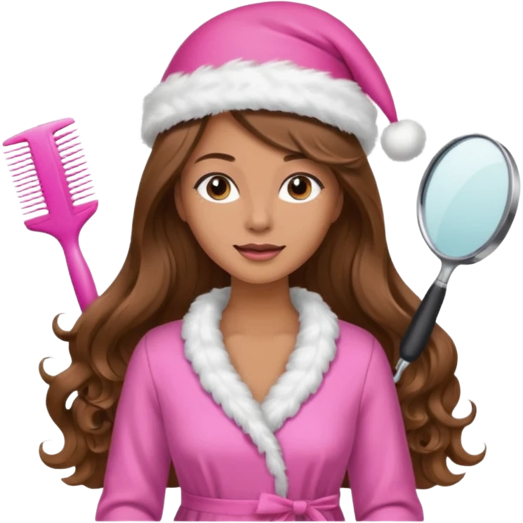 mujer peinandose en la peluqueria y con un gorro de navidad rosado, cabello largo café y ondulado emoji