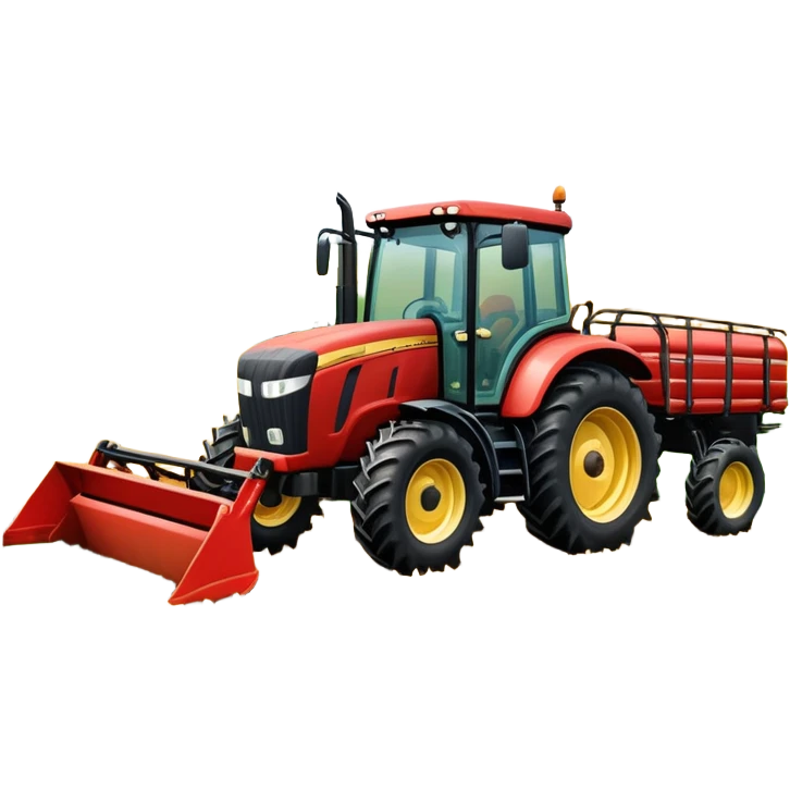 An icon representing a farming simulator, with a detailed tractor plowing fields under a bright sky with bright rural landscape. The design includes farming tools, crops and barns, symbolizing the immersive experience of managing a farm. Transparent background. emoji