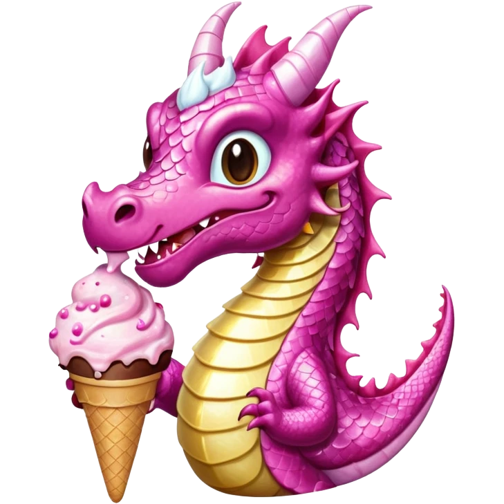 A shiny, glittery dragon in pink tones eats vanilla and chocolate ice cream emoji