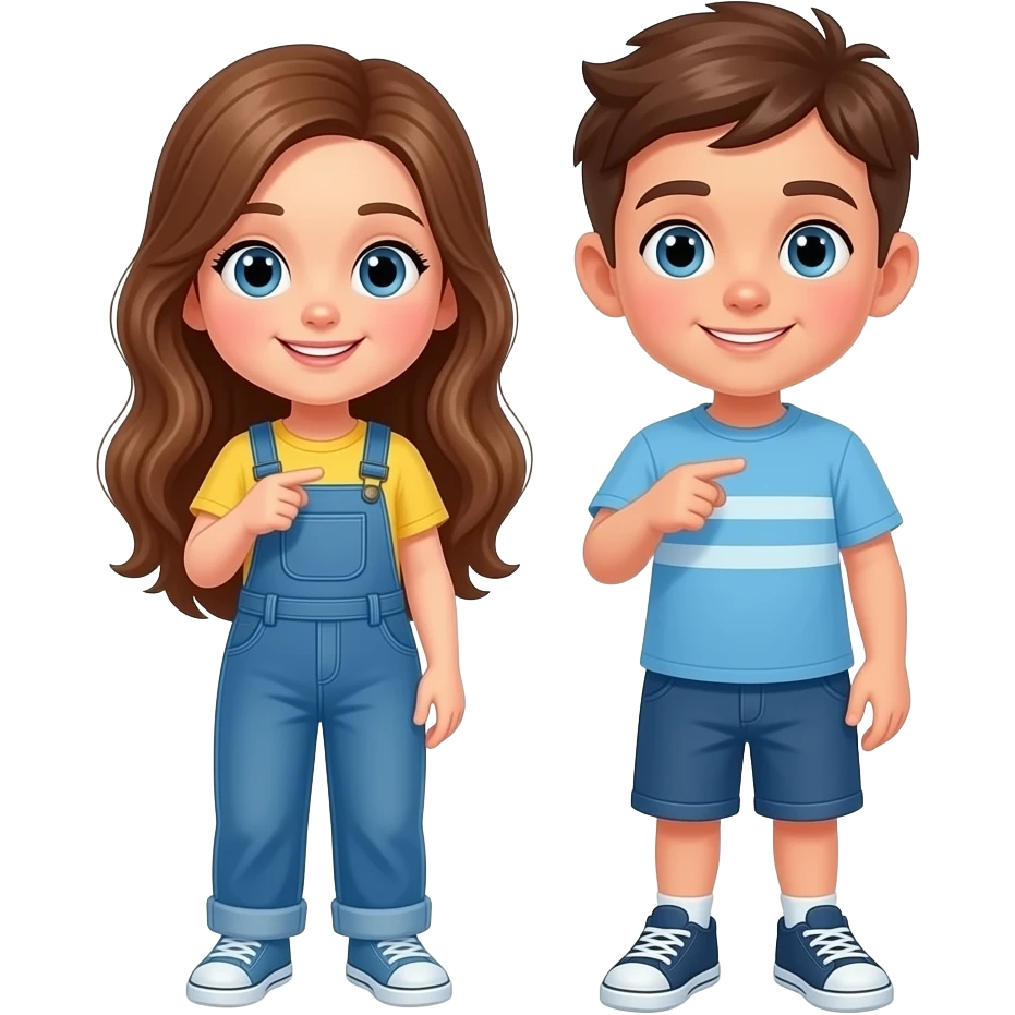 una niña i un niño señalando a un sitio detras de ellos son hermanos con ojos azules la niña tiene el pelo marron avellana i largo tiene la ropa con un peto azul el cuerpo completo emoji