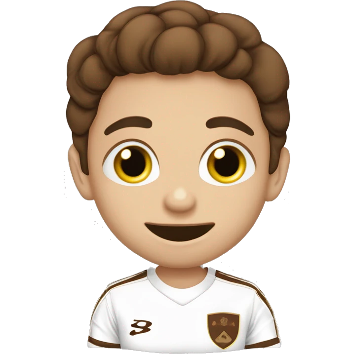 Niño 11 años, piel blanca, pelo marrón y ojos marrones. Camiseta de fútbol emoji
