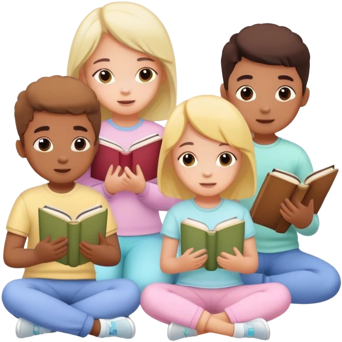 children in pastel clothes play with book emoji