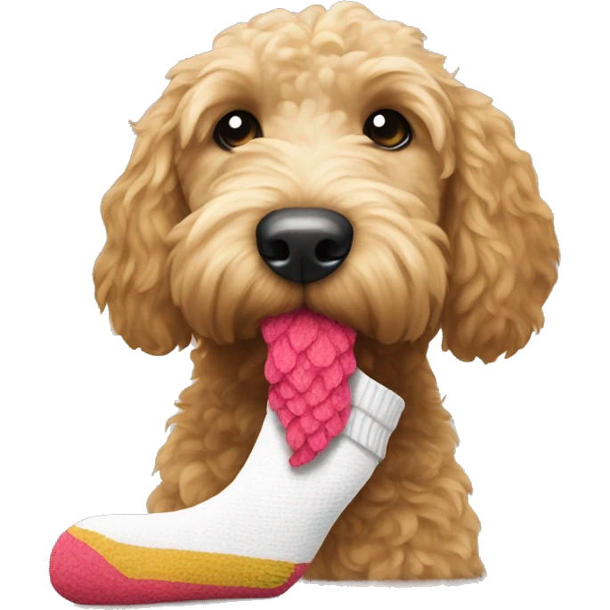 Create a goldendoodle eating a sock emoji