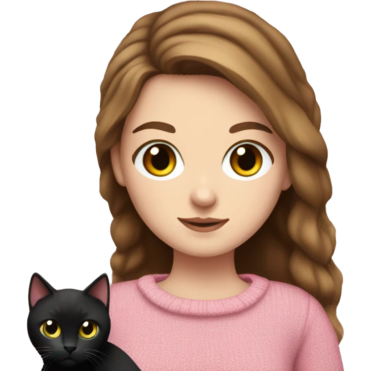 Pretty green eyed white girl with brown hair in a pink sweater holding a black cat emoji