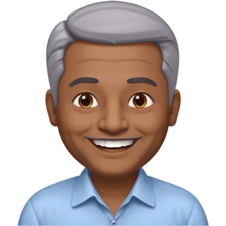 50 yr old indian man, dark skin, grey hair, big smile, white teeth, chubby, no moustache, clean shaven, young style hair, hair brushed back, 5 oclock shadow, bindy on forehead, dress shirt, bindy emoji