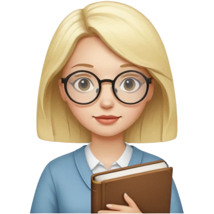 Blonde woman with round glasses and book emoji
