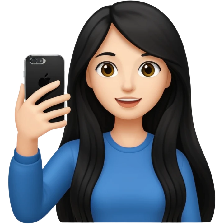 black long haired woman holding her phone having selfie emoji