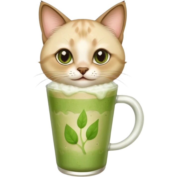 Happy Siamese Cat holding in its front two paws an iced matcha latte emoji