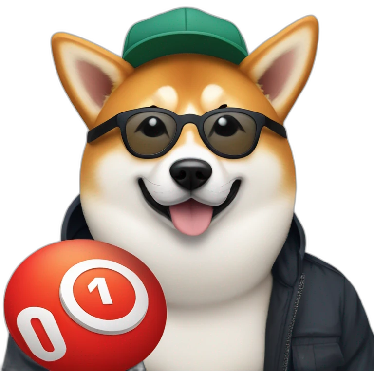 shiba inu dog resting on a man's lap. white man is wearing a black baseball cap with a red circular logo on it, has 5 o'clock shadow, and wearing clear acetate glasses emoji