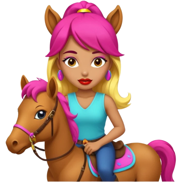 solarpunk - a seductive girl rides a pony and wears a huge lipstick on her head emoji