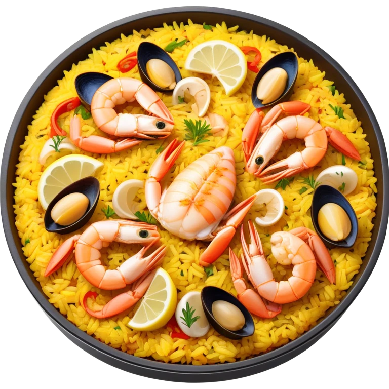 cinematic-realistic-paella-dish-emoji,-depicted-as-a-vibrant,-aromatic-rice-dish-loaded-with-seafood,-chicken,-and-saffron-rendered-with-rich-textures-and-dynamic,-warm-lighting with a lemon slice in the middle emoji