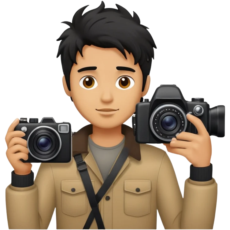 a man with black messy hair taking a photo emoji