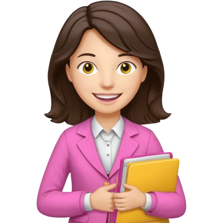Teacher emoji but : wavy black volume brown hair, light western skin, no glasses, dark eyes, with a computer folder in the hand (color is yellow), being a teacher, wearing pink backpack but wear a teacher formal outfit, smile with teeth







 emoji