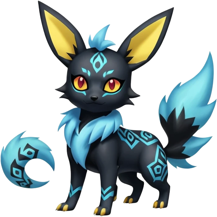 Shiny Exotic Badass Colorful Ethereal Royal Mysterious Gothic Umbreon-Jolteon-Litten-Noibat-Pokémon-Fakémon-hybrid-creature (full body) with pattern-markings emoji