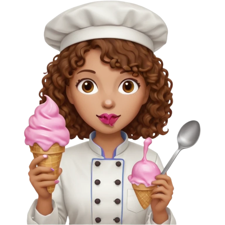 woman brown curly hair, chef, eating pink ice cream emoji