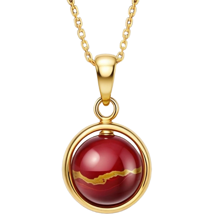 A polished round ball wine jasper pendant suspended from a delicate gold chain, like a drop of enchanted starlight, glowing with the warmth of passion and the quiet power of transformation emoji