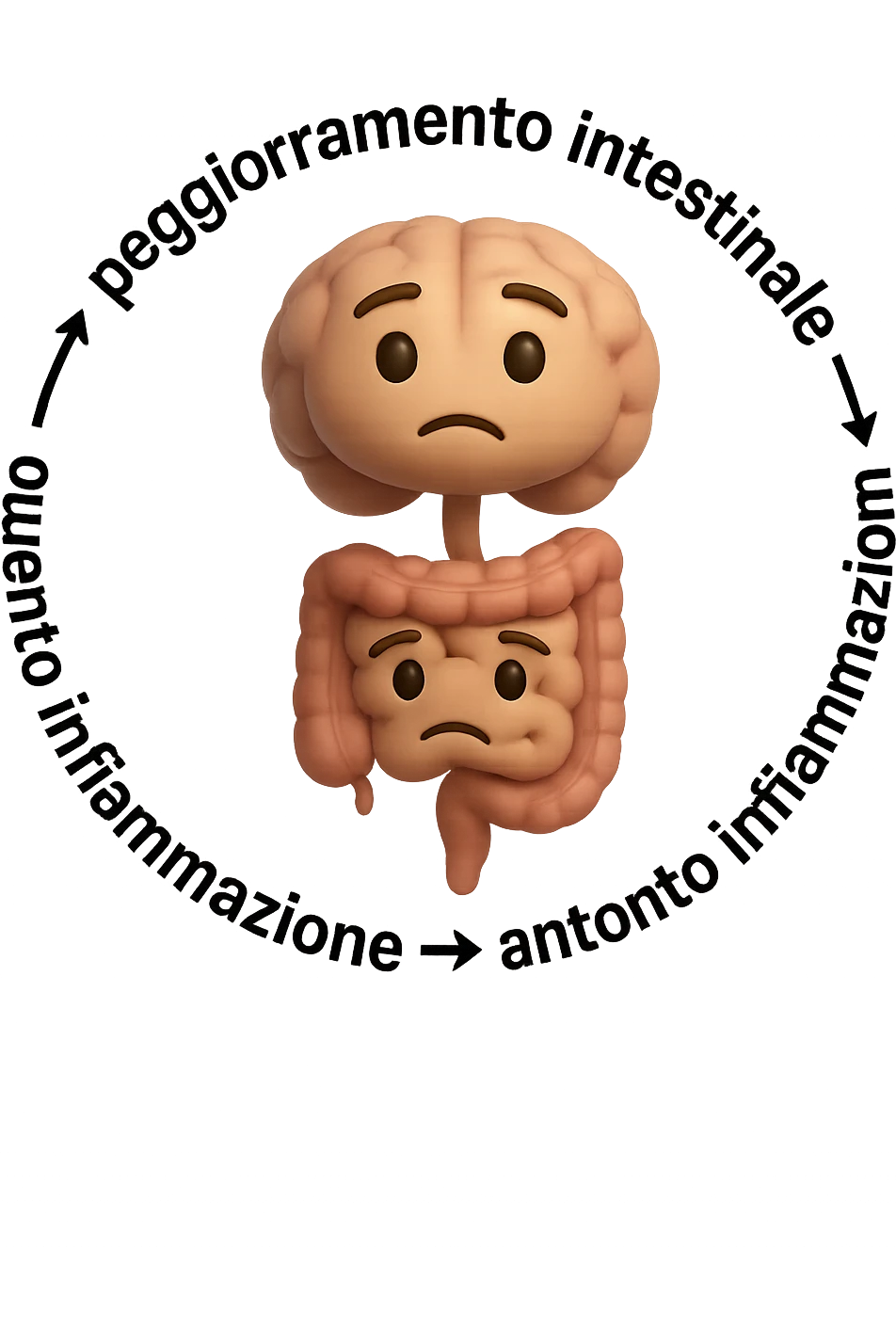 EMOJI STILE IPHONE 3D DI un cerchio con queste scritte che girano intorno "stress → peggioramento intestinale → aumento infiammazione → peggioramento sintomi intestinali e sistemici." al centro del cerchio metti un cervello e intestino umani collegati verticalmente con espressione dubbiosa in volto, FALLO MOLTO REALISTICO IN 3D emoji