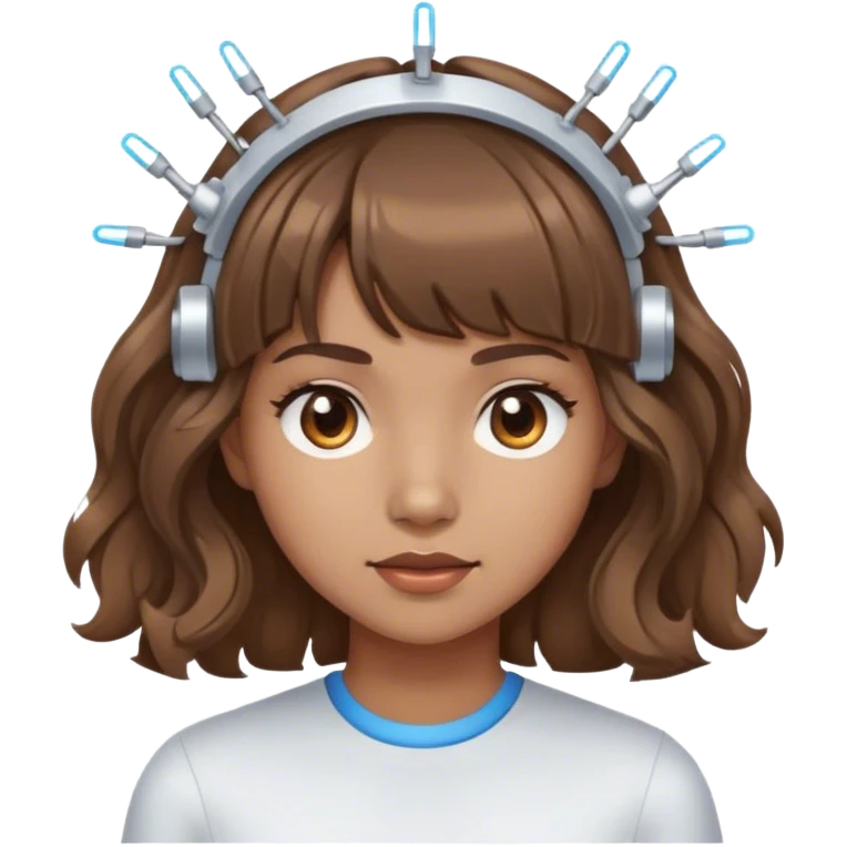 girl with wavy brown hair and bangs wearing electrodes on her head emoji