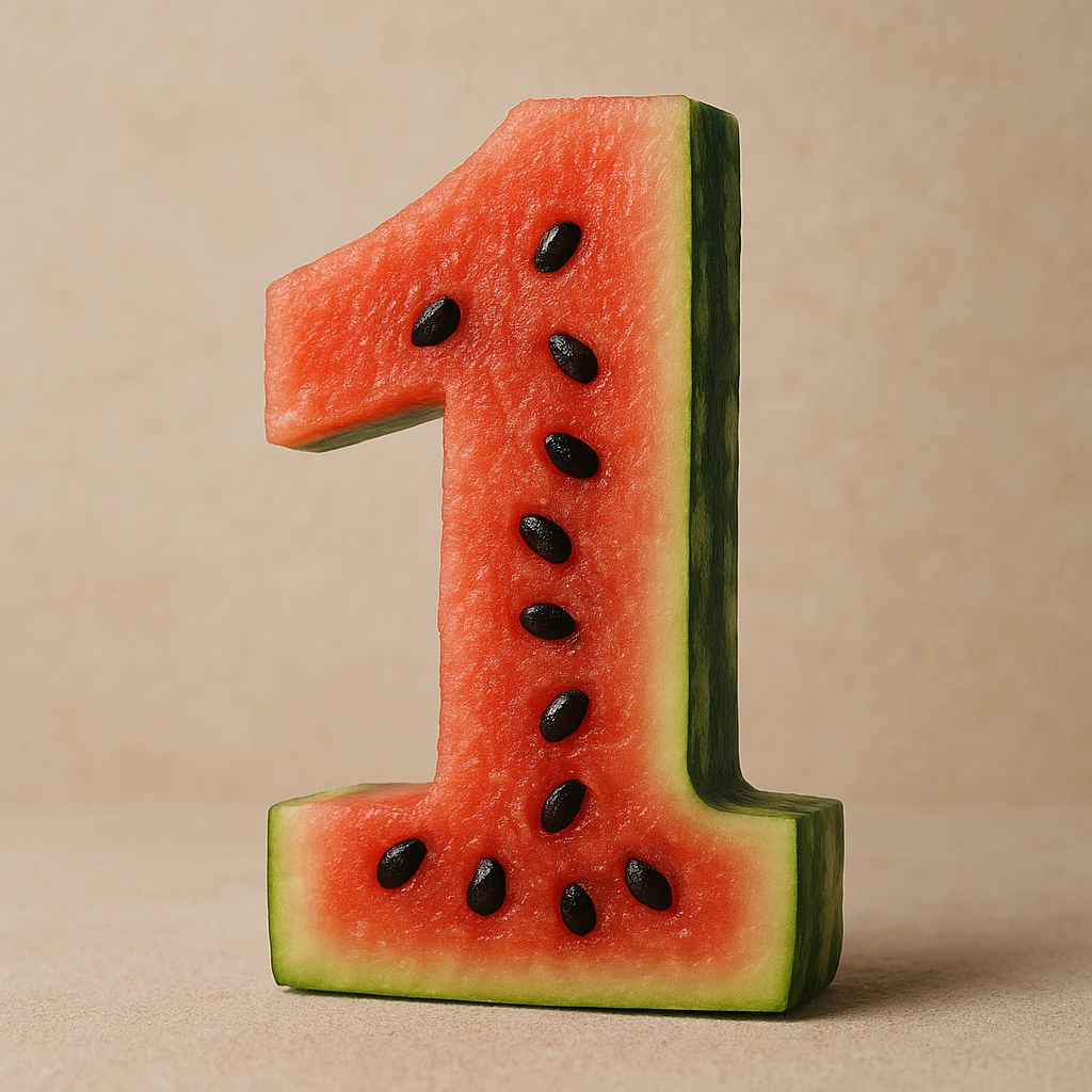 realistic textured number 1 made out of watermelon, with visible fruit texture and seeds emoji