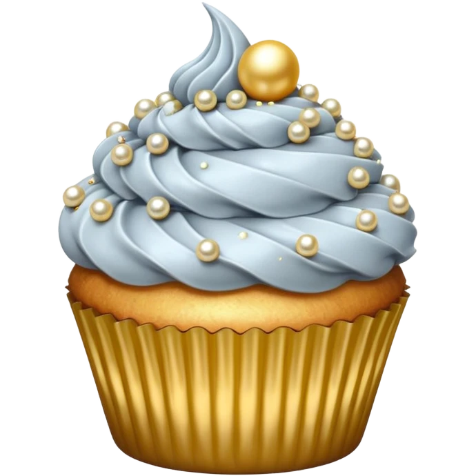 cupcake with silver frosting and gold pearls emoji