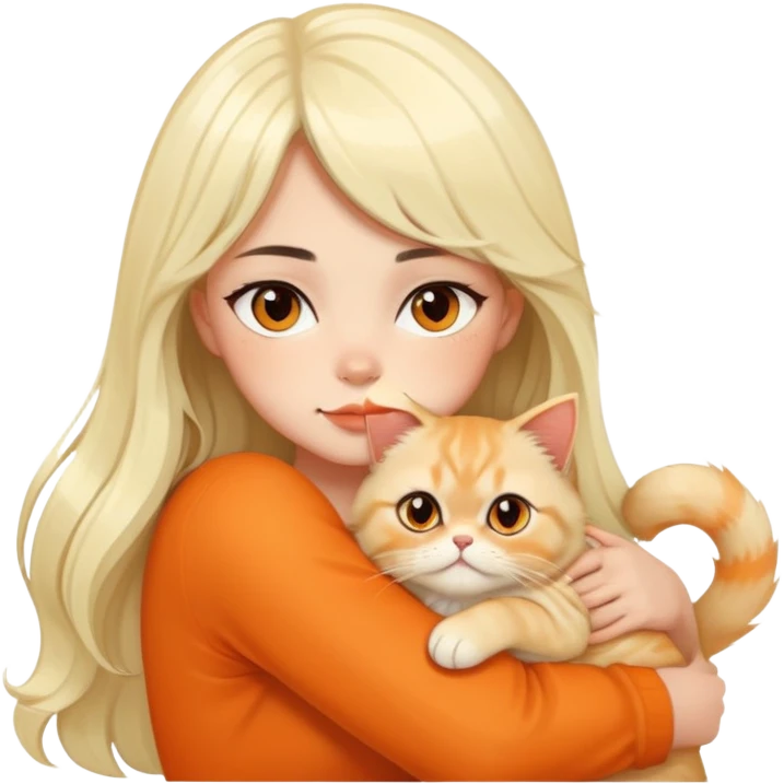 Beautiful girl with long wave black hair and blonde platinum bangs hugging orange Persian cat emoji