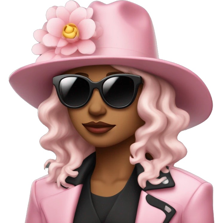  woman wearing a black hat adorned with a white flower and smaller decorative flowers. She is also wearing black sunglasses and a shiny pink jacket over a black top. She appears in a side profile pose , her head slightly tilted back. White skin emoji