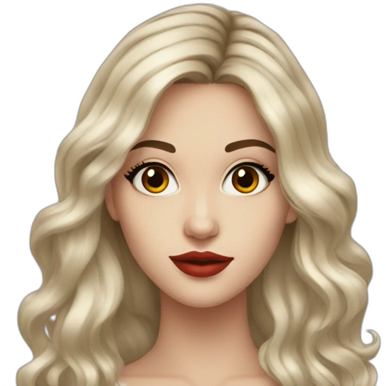 Beautiful young white woman with long brown waved hair brown eyes black eyelashes red lips emoji