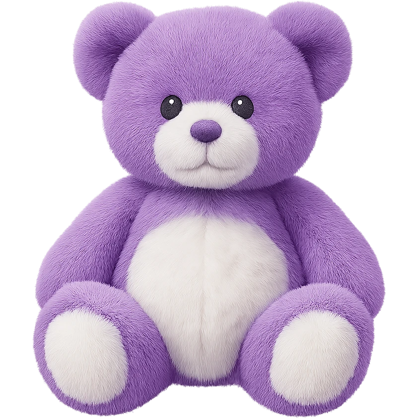 Change the teddy bear's fur to purple and white, keep it soft and plush, no shadows, flat lighting, no background. Remove the background completely to isolate the subject. emoji