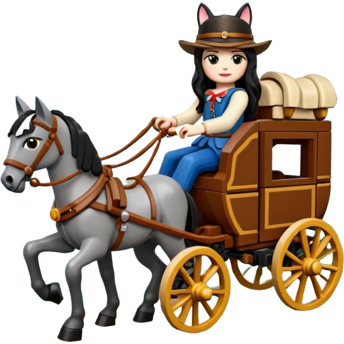  Rustic Lego antique wood detailed 1854 pretty dark-haired Catgirl driving a huge horse-drawn stagecoach Caravan on a bumpy scary trail in the woods  emoji