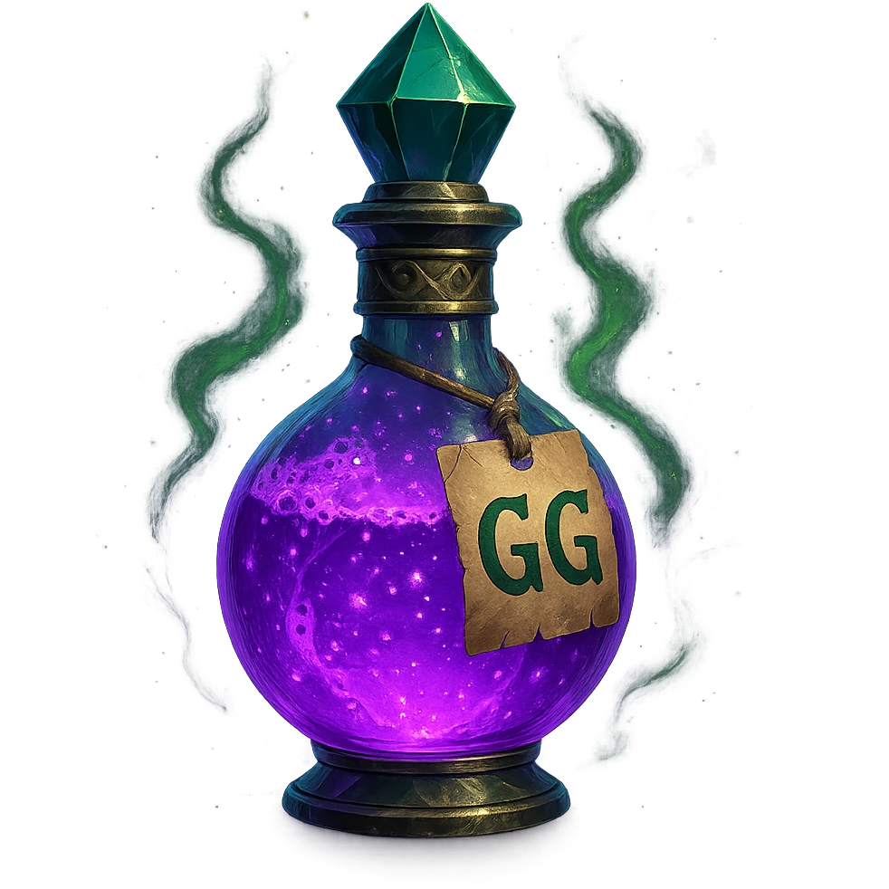 fantasy potion bottle labeled GG, vibrant purple and green, magical aura, glowing, detailed emoji