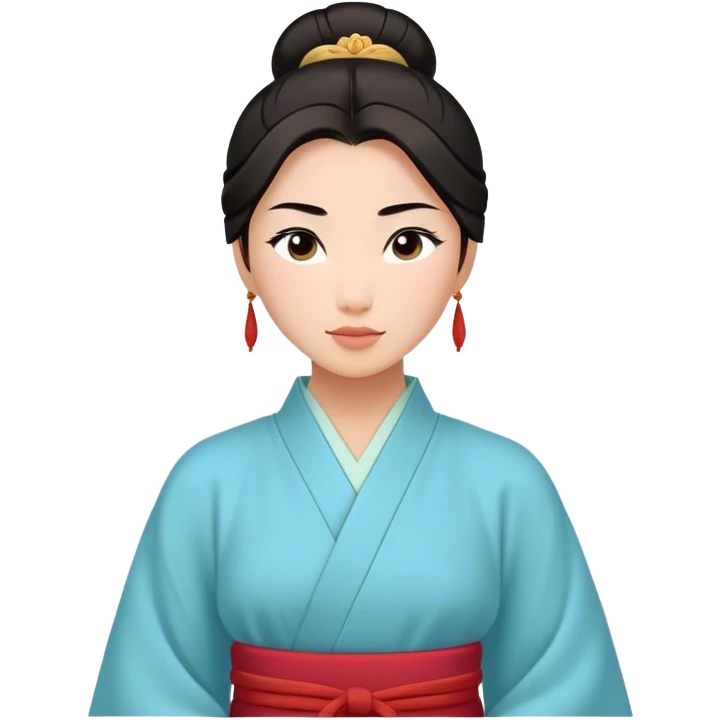 Cinematic Timeless Mulan Portrait Emoji, rendered in a clean vector style. Depict Mulan with warm, light-toned skin, neatly styled dark hair in a traditional bun, and a serene, confident expression, dressed in a simple traditional robe with minimal decoration. The image is highlighted by a soft, inviting glow and a subtle glowing outline, capturing enduring beauty and quiet strength. emoji