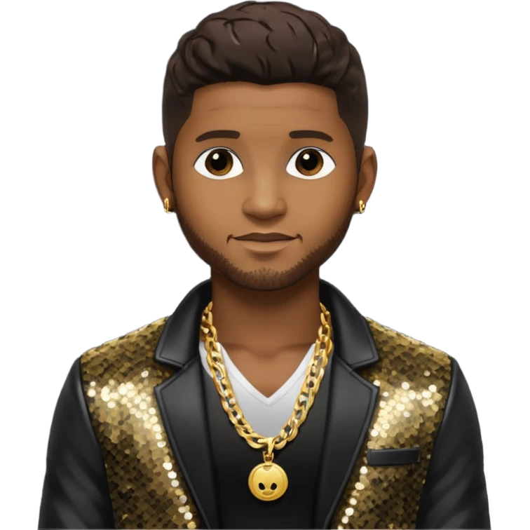 Usher with dark brown hair, black sequin jacket, shirtless with necklace  emoji