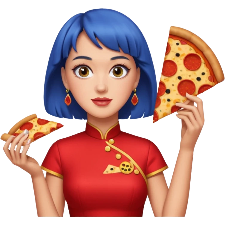 Katy Perry, wearing cheongsam, with pizza emoji