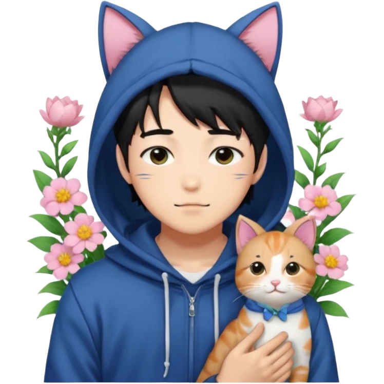 Gorgeous romantic anime style Asian shojo guy with cat ears and flowers and blushing face and hoodie aesthetic trending style outside emoji