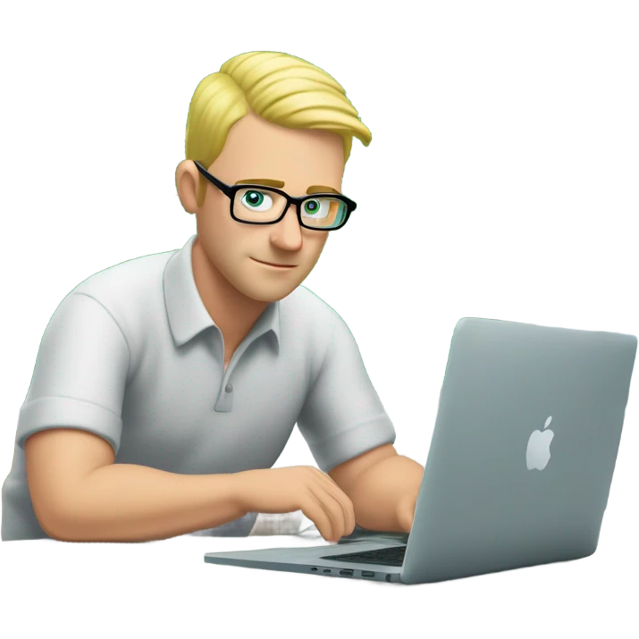 man looks 35 classes, european, tech nerd love pcb designing, blond short hair, blue eyes with specs behind macbook on with green pcb on the desk emoji