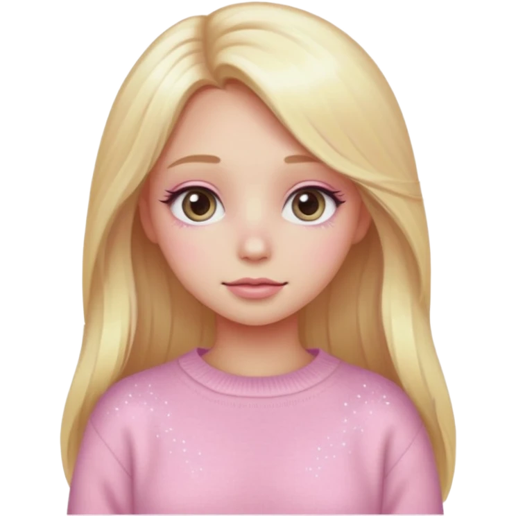 “Emoji girl, pastel pink blush, sparkly wide eyes,  oversized pastel sweater long blonde hair.” emoji