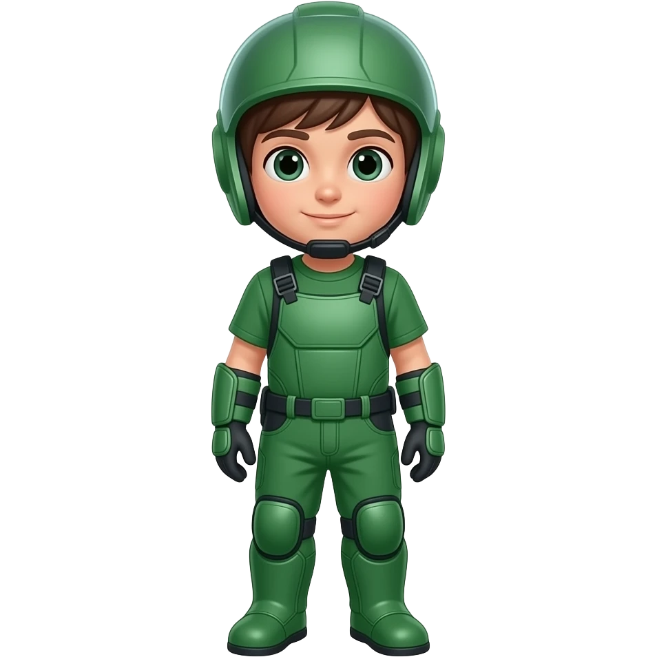 Child standing upright, green protective gear over simple clothes, relaxed upright posture.
 emoji