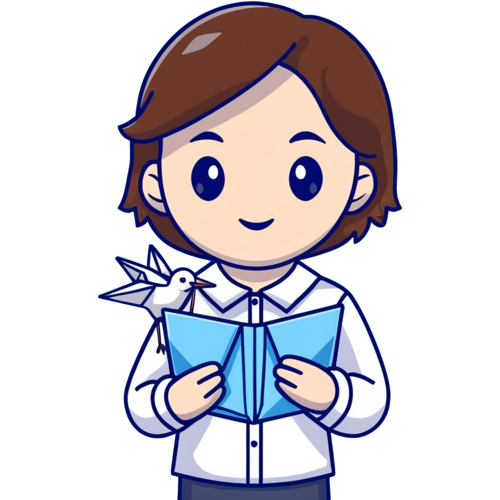 A happy Ukrainian young girl with brown hair in a white embroidered shirt holds an origami blue crane emoji