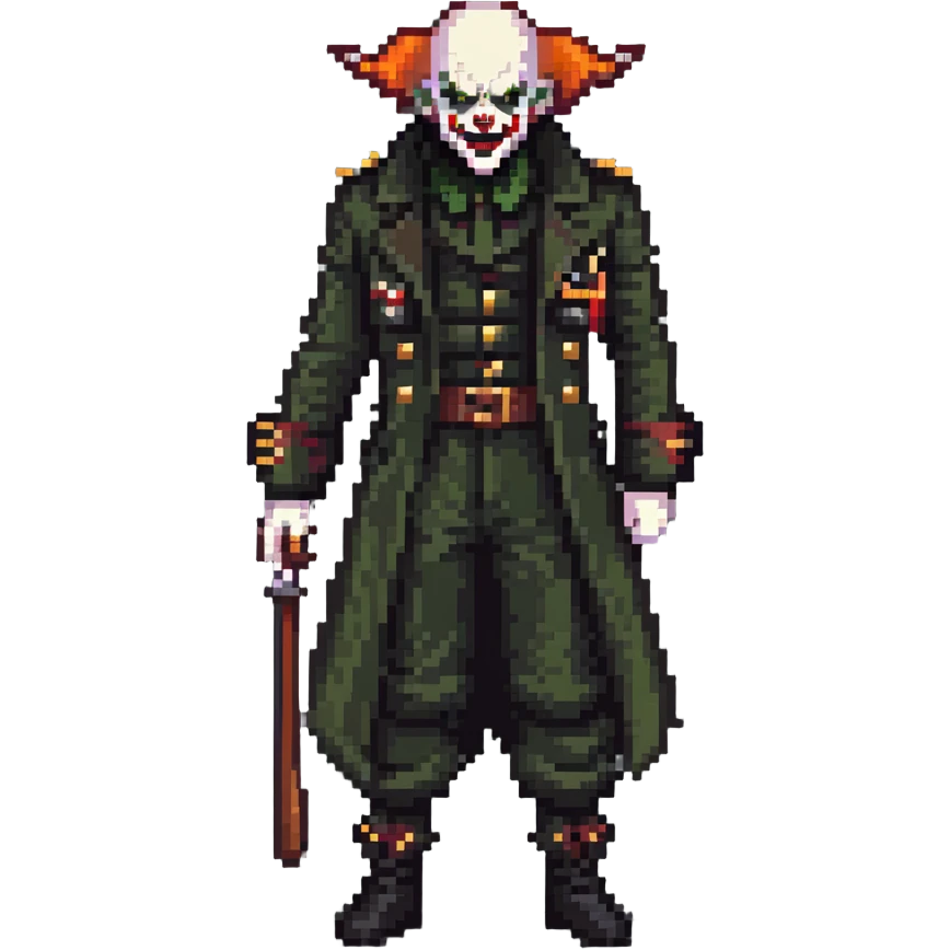 evil clown soldier, bald, black horns on forehead, angry expression, showing fangs, pointed ears, eye patch over one eye, long coat over black and military green clothes with bellbottom pants, tail, holding a different style of whip, realistically proportioned, less bulky, full body, fighting stance emoji