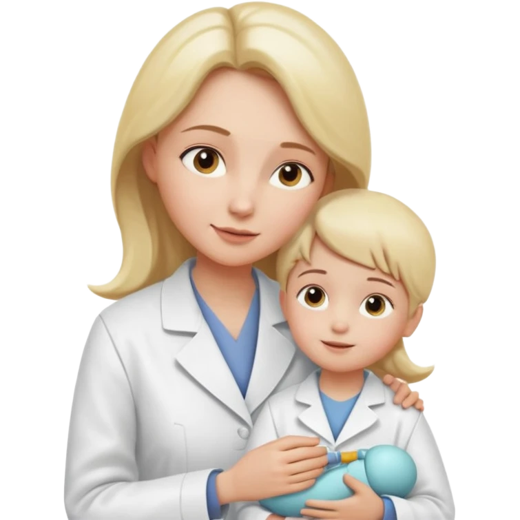 Mostre uma mulher vestida de jaleco branco, atendendo uma criança, expressão leve e detalhamento suave típico de emojis modernos. A cena deve ter um visual limpo, com sombras sutis e contornos suaves, mantendo o estilo cartoon 3D usado em emojis do iOS. Mantendo coerência com o estilo emoji.” emoji