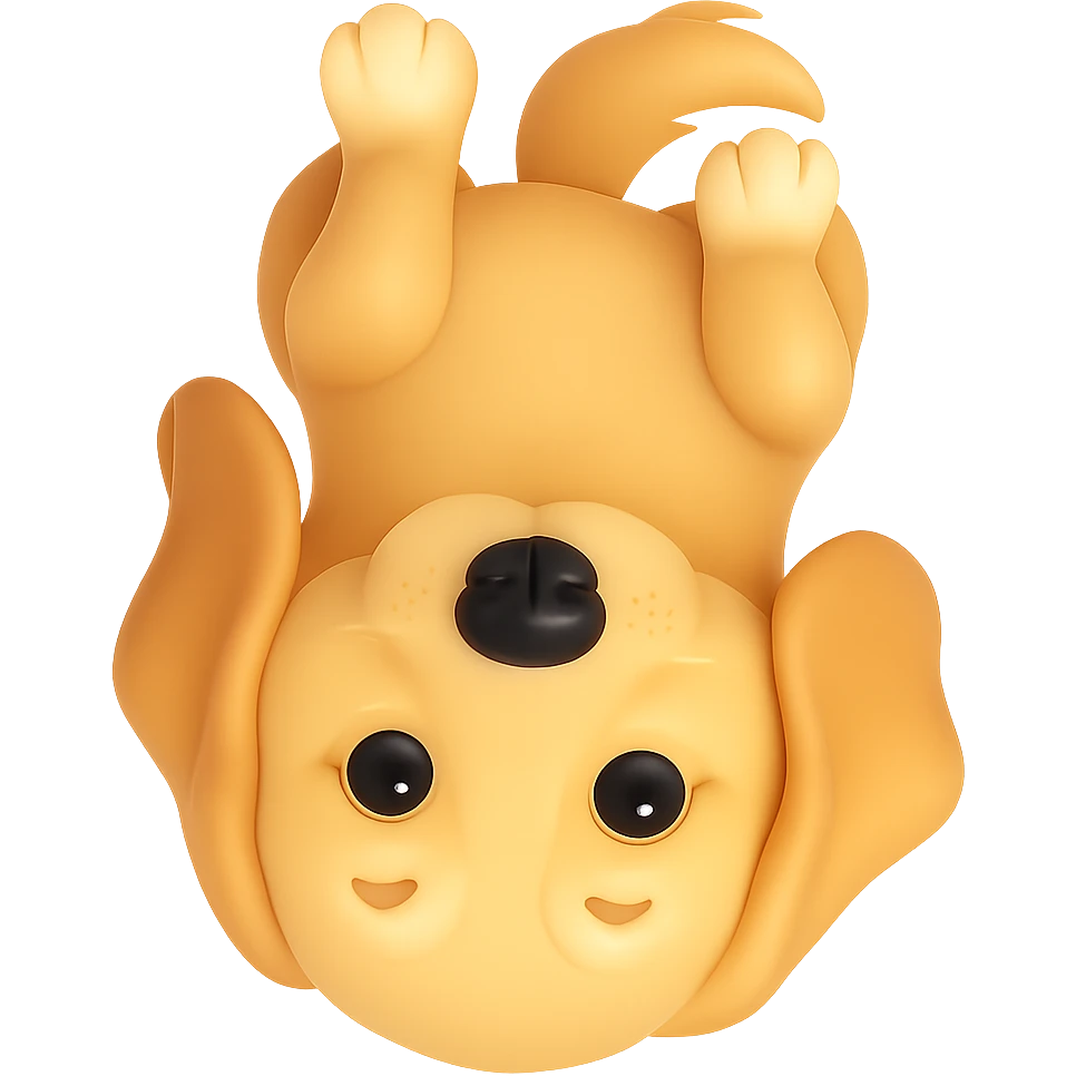 Flip the golden retriever upside down in a 3D emoji style. The original style is 3D emoji but it does not support editing, so use a general style editor while preserving the 3D emoji look and remove the background. emoji