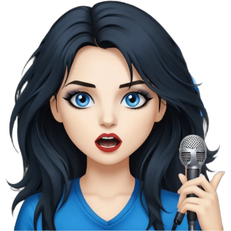 
 rockstar girl with long black disheveled hair, blue eyes, Smokey eyes grunge makeup, singing  emoji