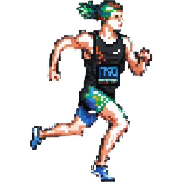 Pixelated athlete running with oxygen level indicator above head, fitness measurement emoji
