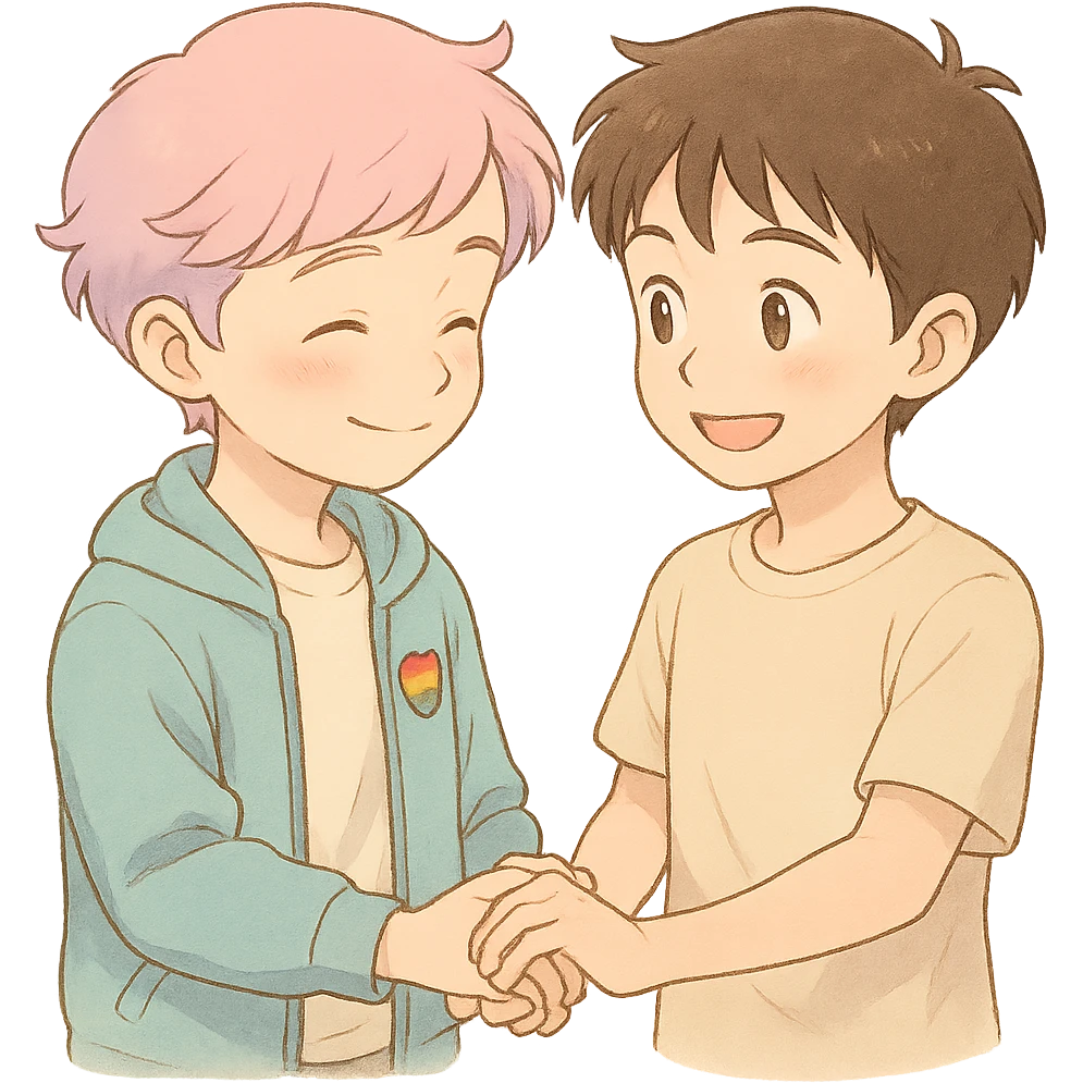 Anime boy holding hands with another boy, both smiling, subtle pride theme, soft pastel colors, no background, warm and gentle atmosphere, detailed anime style with soft shading and delicate features. emoji