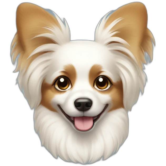 papillon dog white short hair with light brown ears smiling wearing a daisy charm collar emoji