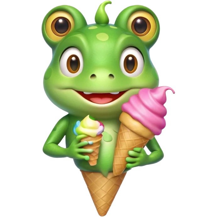 cute frog eating ice cream, happy face, holding a colorful ice cream cone, 3D cartoon, mobile game icon style, bright colors, soft shadows, clean background, no text, no watermark
 emoji