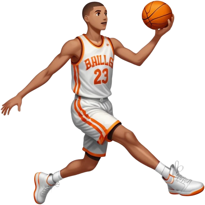 An icon showing a close-up of a basketball player in mid-air, performing an impressive dunk, inspired by NBA 2K25. The player is focused, with the ball in hand and the court in the background. Bright lights emphasize the action and excitement. Transparent background. emoji